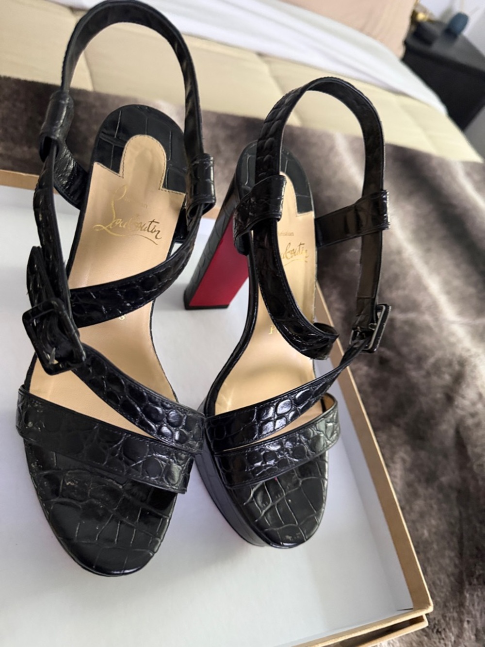 Christian Louboutin Black Croc-Embossed Leather Strappy Heels with Red Sole - Picture 4 of 4